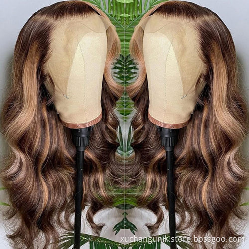 Uniky 13x4 lace frontal piano highlights bodywave wig dark brown wig with blonde highlights chocolate highlight human hair wig